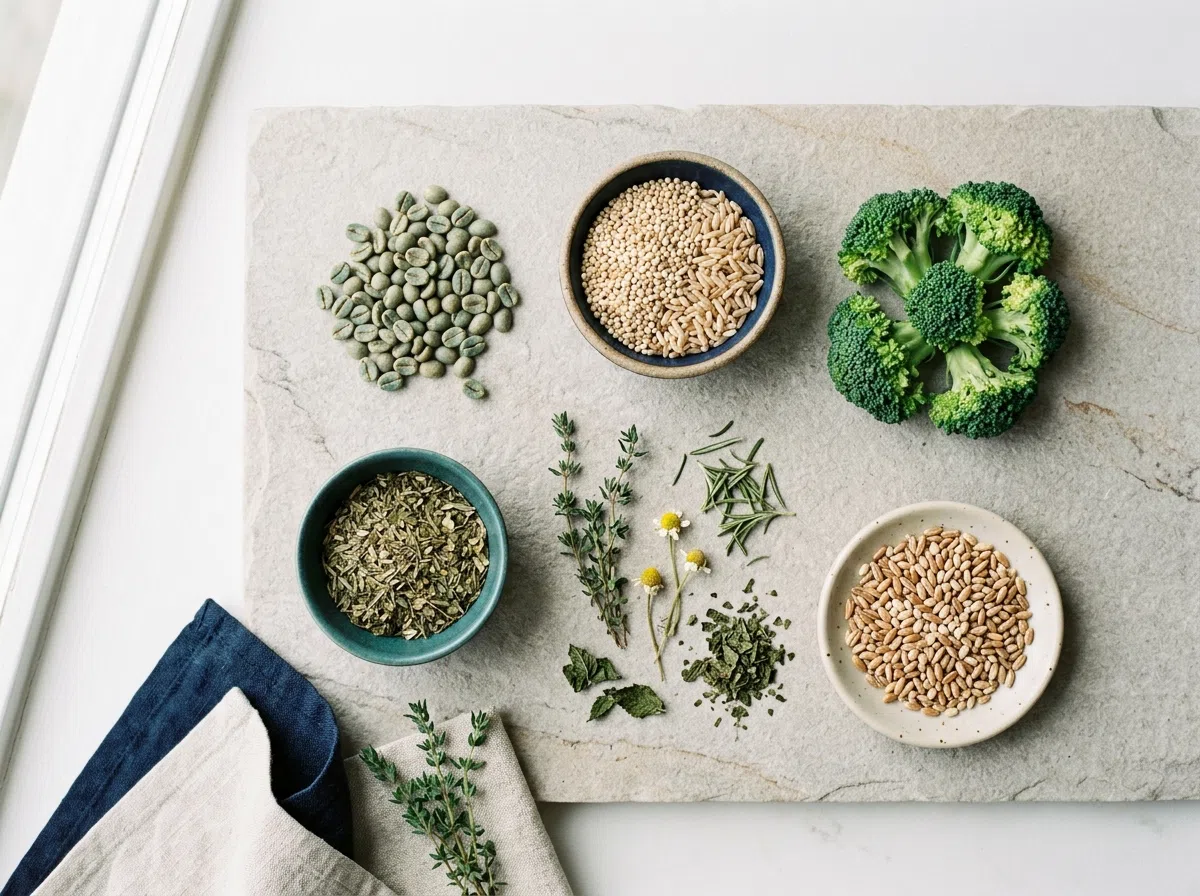 Green coffee beans and botanical herbs - green coffee extract food supplement